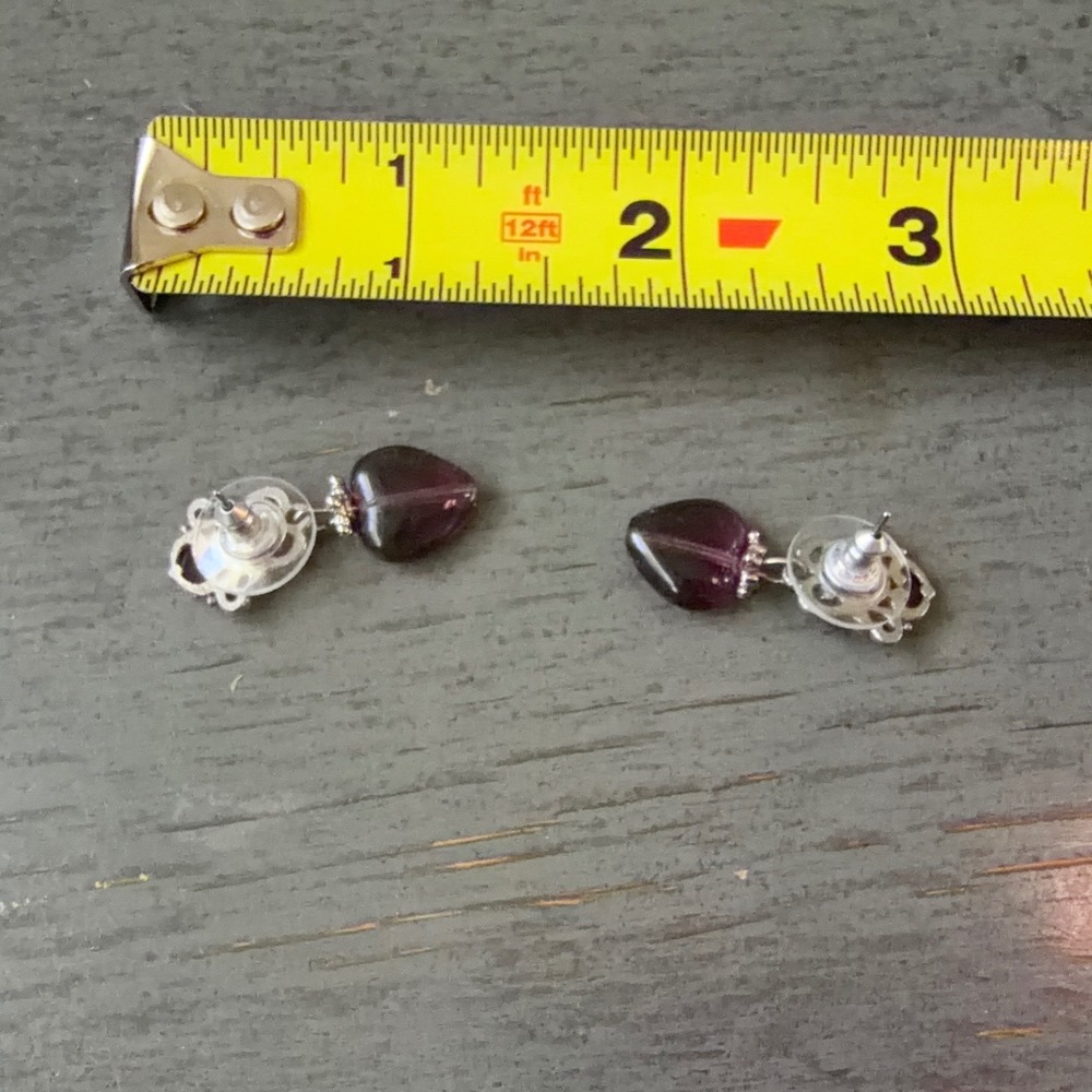Purple Heart Drop Earrings Silver Tone Filigree Ornate Dangle Post Back Vintage